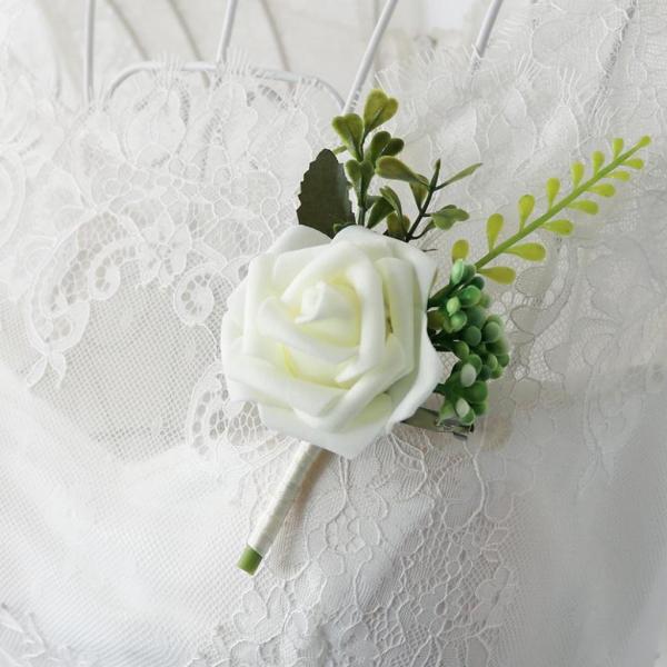 結婚式のパーティースーツのための花の花嫁と花婿のブートニア手作りシルクコサージュ（2色、白とピンク）