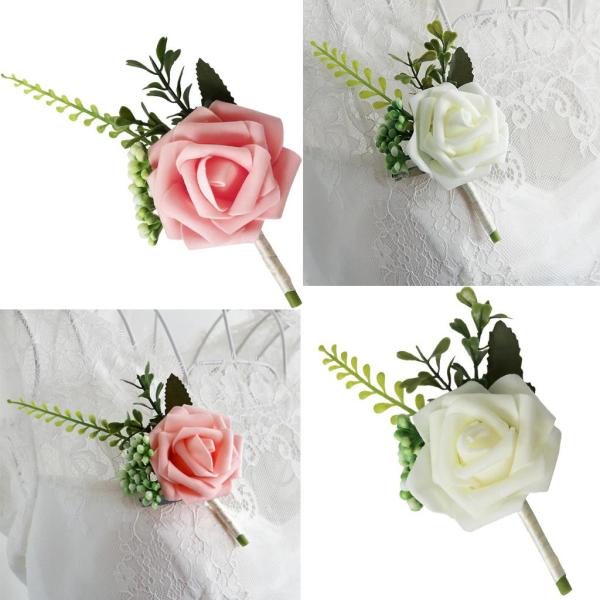 結婚式のパーティースーツのための花の花嫁と花婿のブートニア手作りシルクコサージュ（2色、白とピンク）