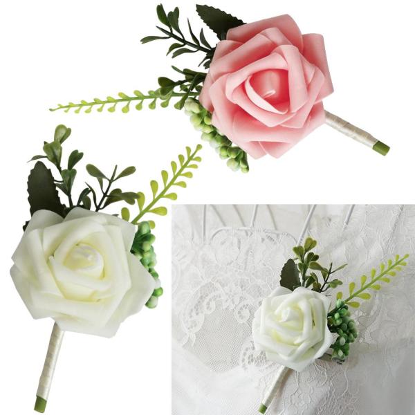 結婚式のパーティースーツのための花の花嫁と花婿のブートニア手作りシルクコサージュ（2色、白とピンク）