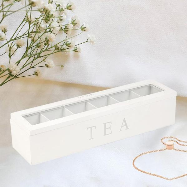 6つのコンパートメントを備えたティーボックス、白い木製の収納ボックス、ウィンドウ付きのティーバッグボックス、ティーボックス、お茶の収納