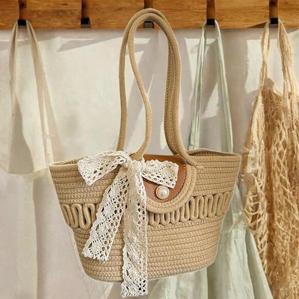 編み込みトートバッグ 軽量ショルダーバッグ 休日旅行 ビーチ ショッピング 夏用