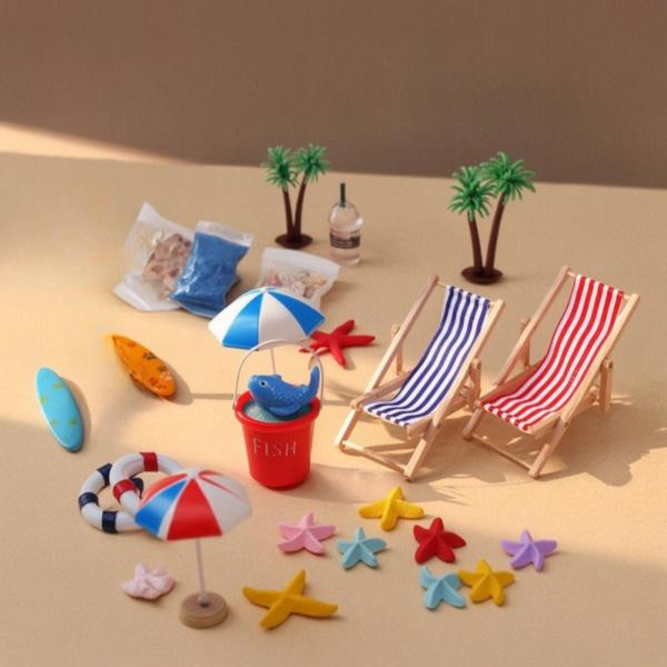 ミニチュアビーチシーン 浜辺セット 砂浜ジオラマ ドールハウス 小物 置物 装飾キット 休暇風 ミニチュア家具 クリエイティブ 趣味 制作 机上ディスプレイに適用