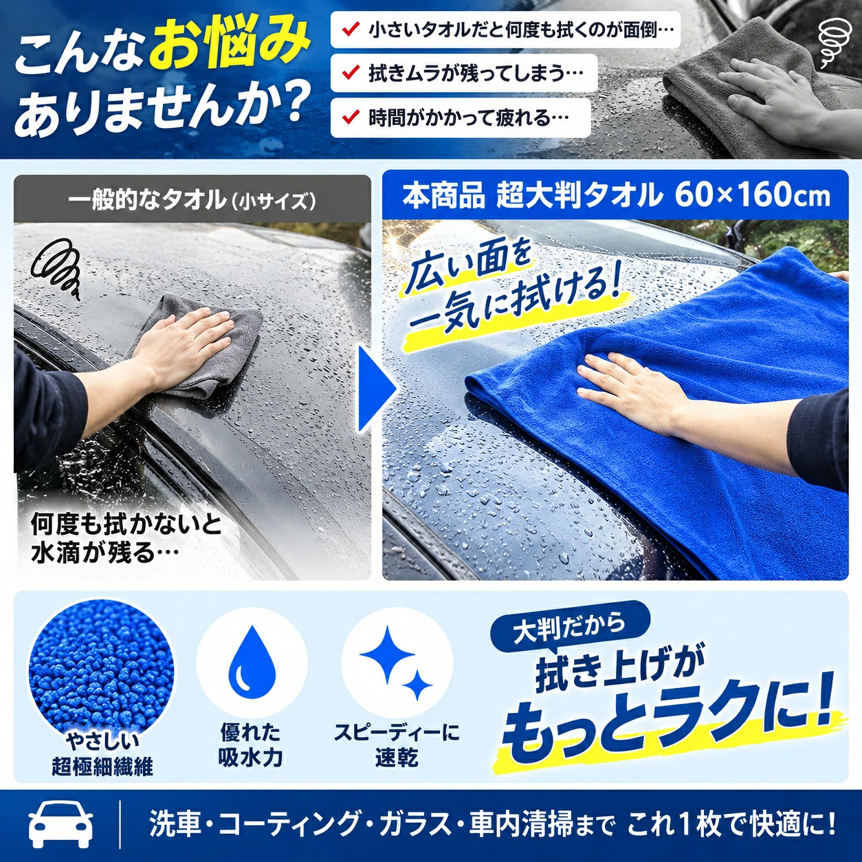 洗車タオル 超吸水 大判 60×160cm マイクロファイバー 洗車クロス 拭き上げ 車 業務用 ブルー グレー |  | 04