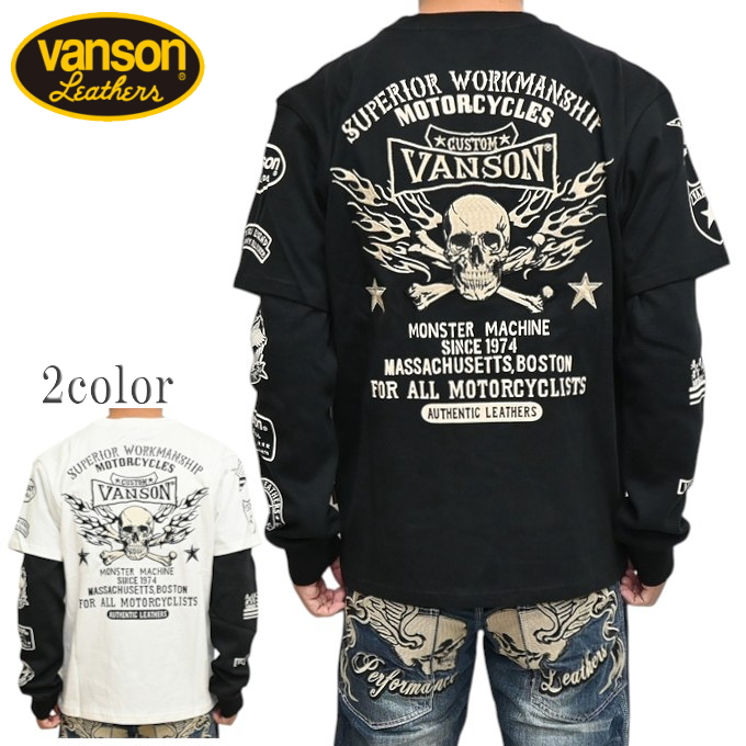 HOT LEATHERS ロンT スカル　フレイム　袖プリ　XL VANSON（バンソン） VANSON NVLT-2609 フェイク 袖 長袖Tシャツ ロン