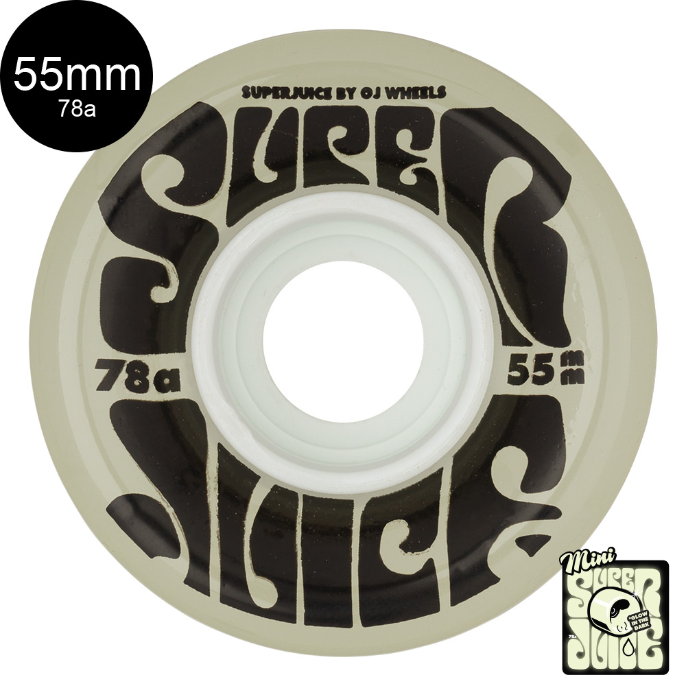 OJ WHEELS オージェイウィール 55mm MINI SUPER JUICE GITD 78A WHEELS ソフトウィール 4個セット スーパージュース 蓄光 クルーザー ロングボード  (2309)｜americanstreetstyle