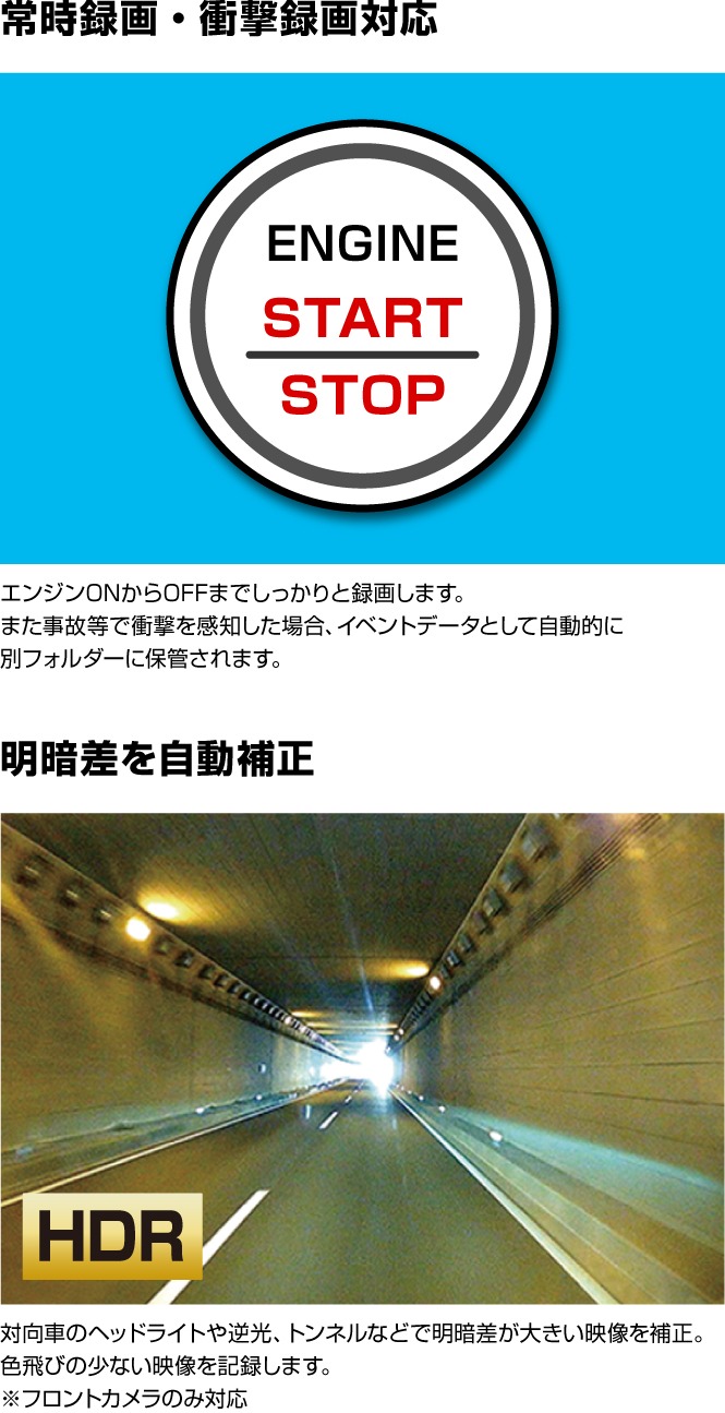 2カメラドライブレコーダー AMEX-A10W 前後録画 FullHD 200万画素 HDR