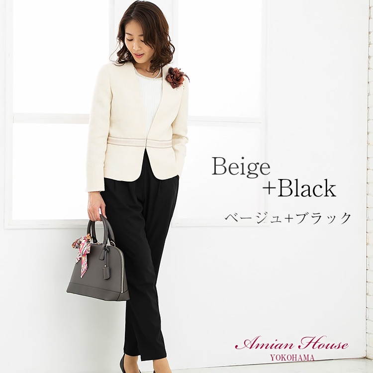 美品 PLST パンツスーツ お受験スーツ L ベージュ リネン 麻 Amian House フォーマルスーツ レディース パンツスーツ