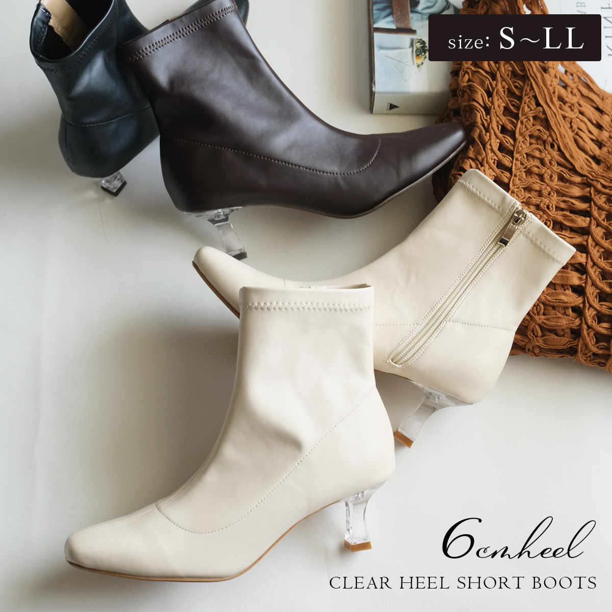 INSCRIRE アンスクリア スクエアトゥショートブーツ AmiAmi（アミアミ） ショートブーツ レディース クリアヒール ブーツ