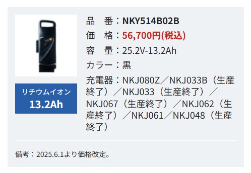 パーツ NKY514B02B Panasonic 電動自転車用 リチウムイオン バッテリー