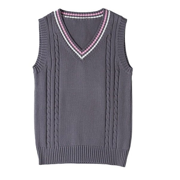 年間使いやすい綿100%ライン入りケーブル編み学生制服Vネックニットスクールベスト９ゲージ |  | 01