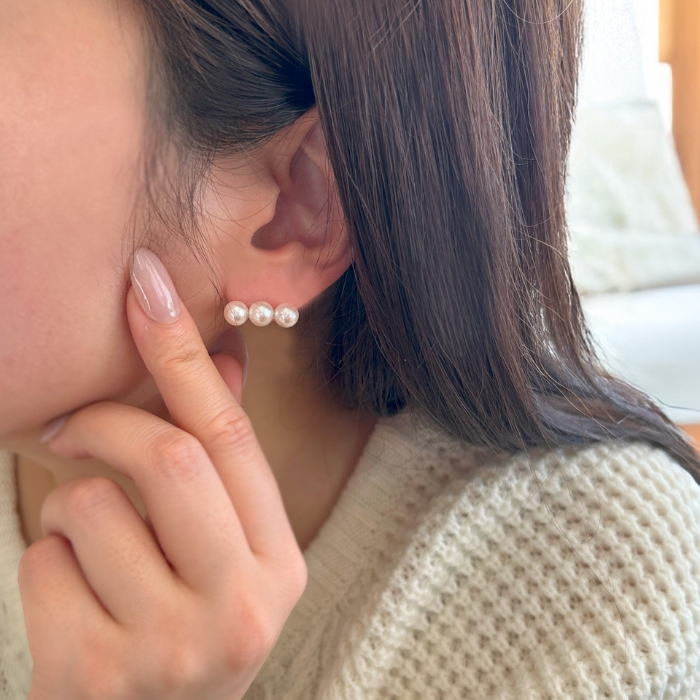 K18YG 7.5-8.0mm アコヤパール 3連 ラインピアス 送料無料 あこや