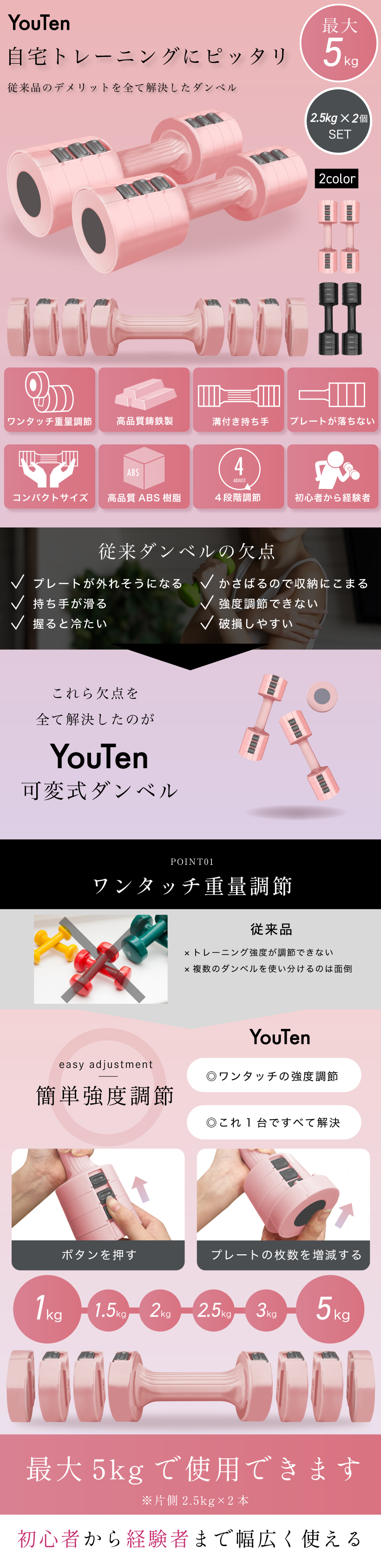 YouTen ☆期間限定価格 2/26まで☆ 可変式ダンベル 2.5kg 2個セット 4