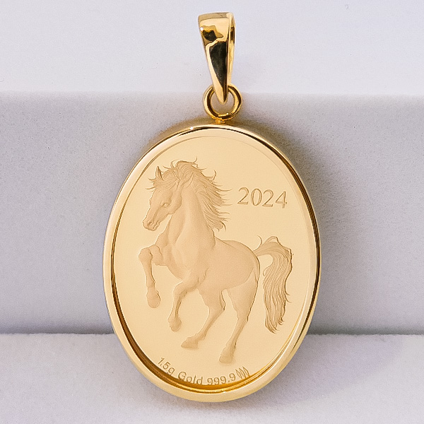 純金 1.5g Horse 馬 オーバル コイン 金貨 ペンダントトップ 2024年