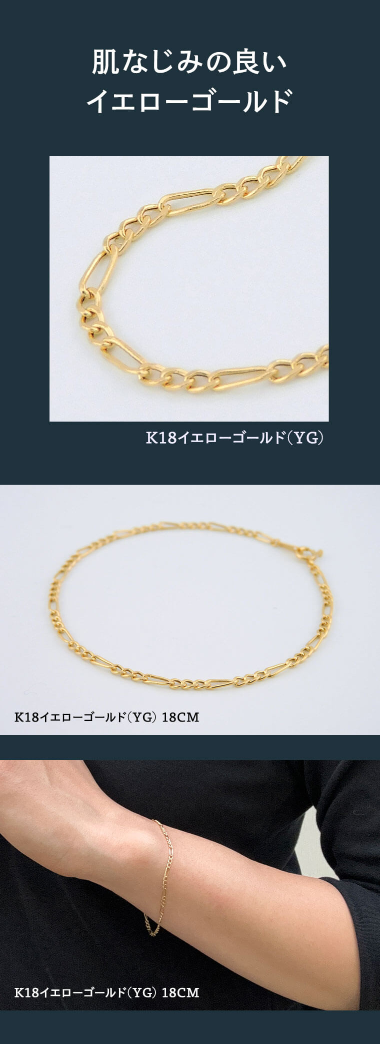 K18 18金 k18 ブレスレット チェーン 中空フィガロ レディース メンズ 2.2mm幅