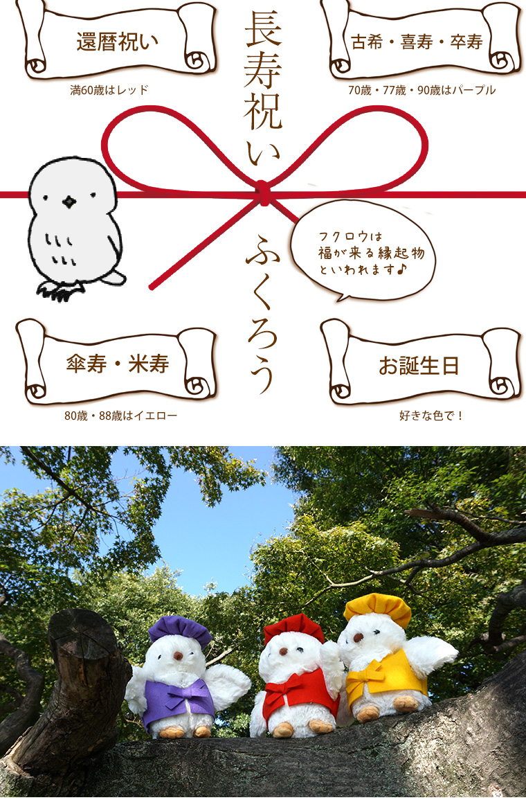 ふくろう　ぬいぐるみ 還暦祝いの赤、古希・喜寿・卒寿の紫、米寿・傘寿の黄色の３色 プリザーブドフラワー ミニ ブーケ付