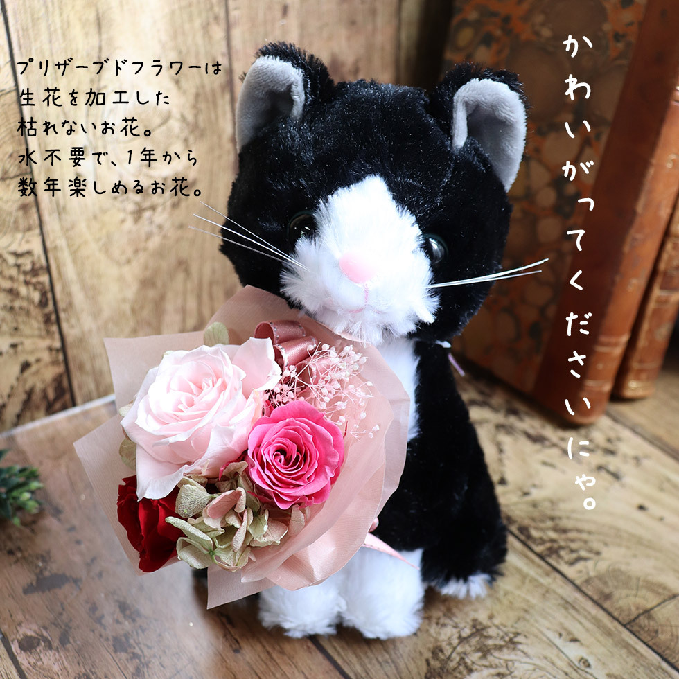 猫のぬいぐるみとプリザーブドフラワーの花束のセット