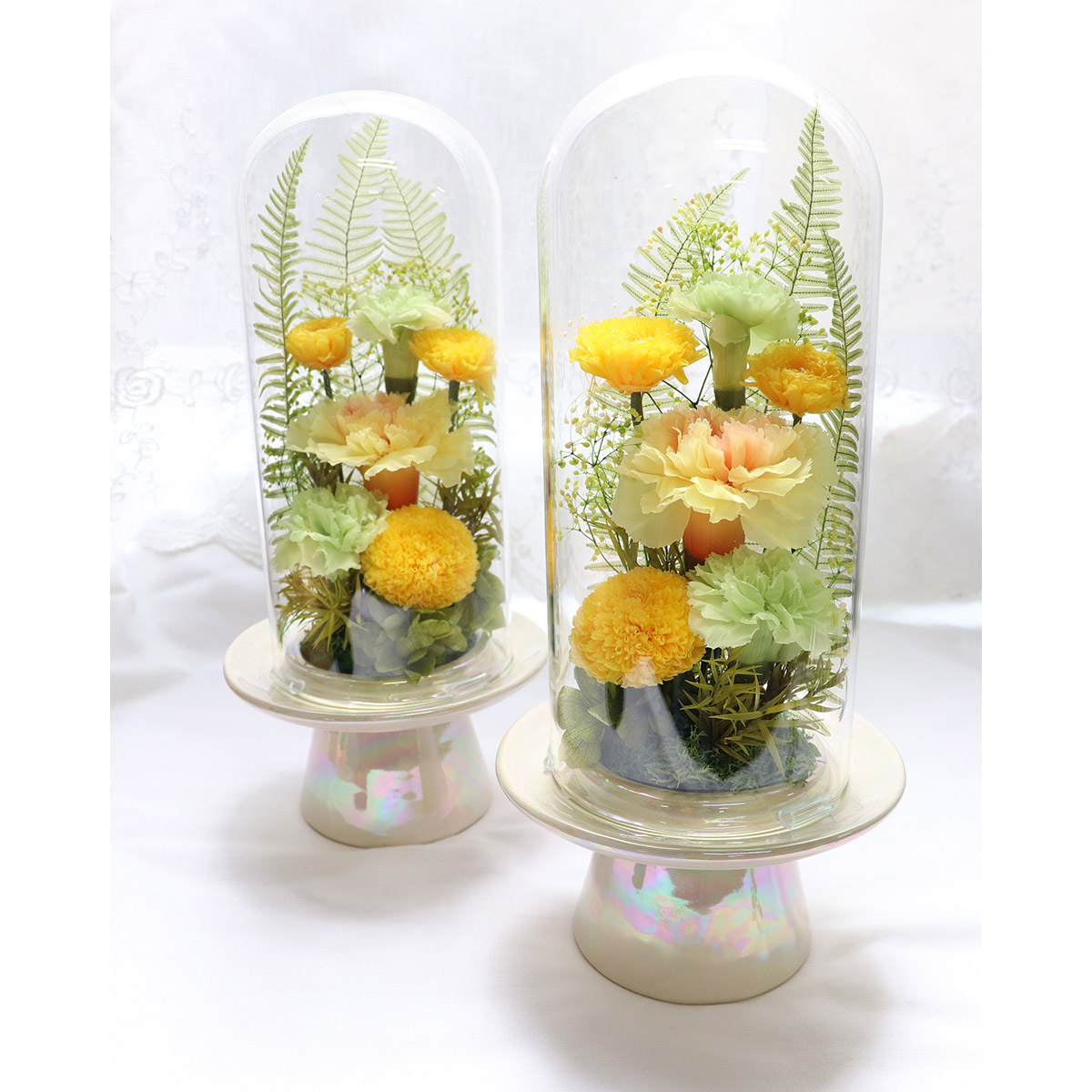 大きめサイズ　ガラスドーム入り　仏花プリザーブドフラワーアレンジ　お供え花一基 仏花ドーム 】プリザーブドフラワー名入れ 仏花 お供え 花