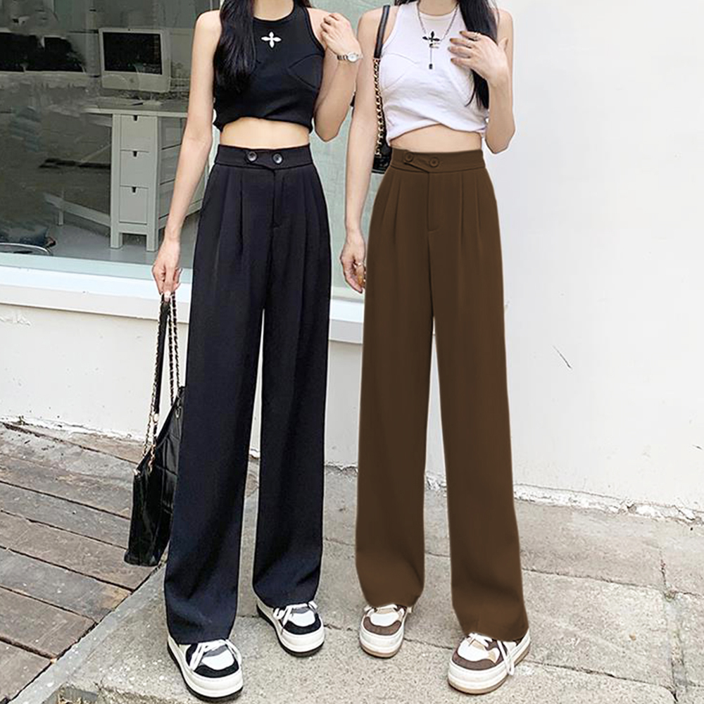 韓国製 ブラックワイドパンツ 秋冬用 ワイドパンツ レディース 無地 ロング スラックス ハイウエスト