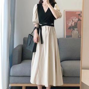 ロングリボンカシュクールワンピース 韓国ファッション 10代 20代 30代 Vネック ハイウエスト...