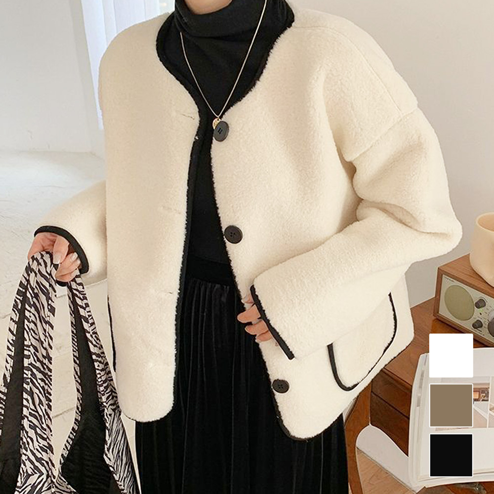 Dewlily ノーカラーボアジャケット レディース 10代 20代 30代 韓国