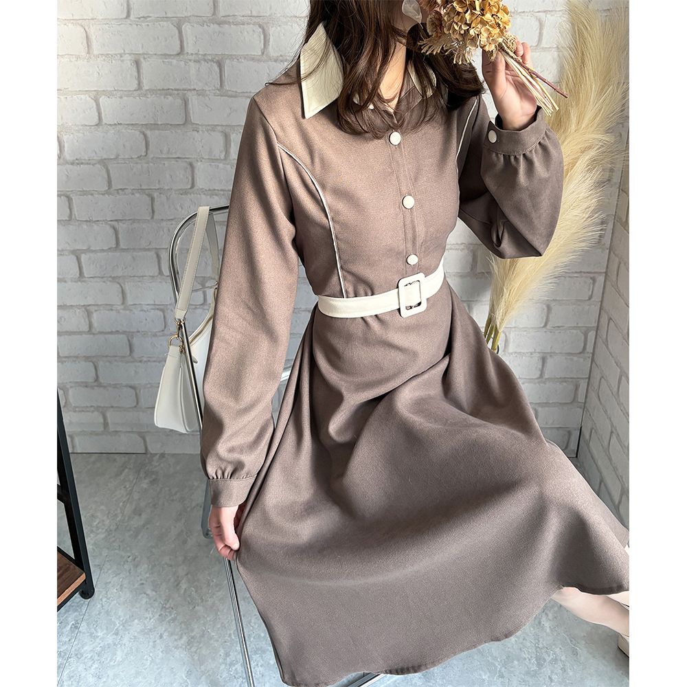 Dewlily 襟付きバイカラーワンピース レディース ワンピース 長袖 バイ