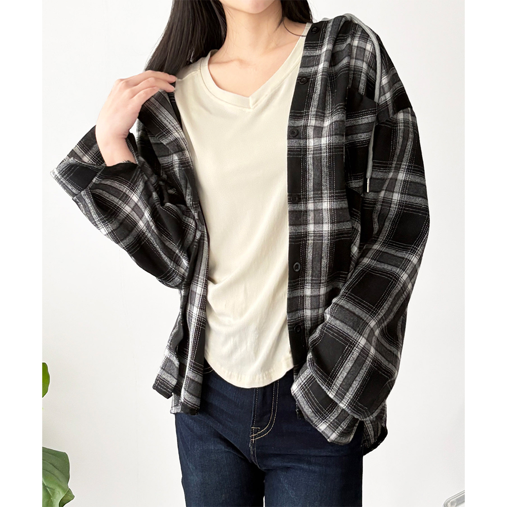 Dewlily レイヤード風フード付きチェックシャツ レディース 長袖 羽織