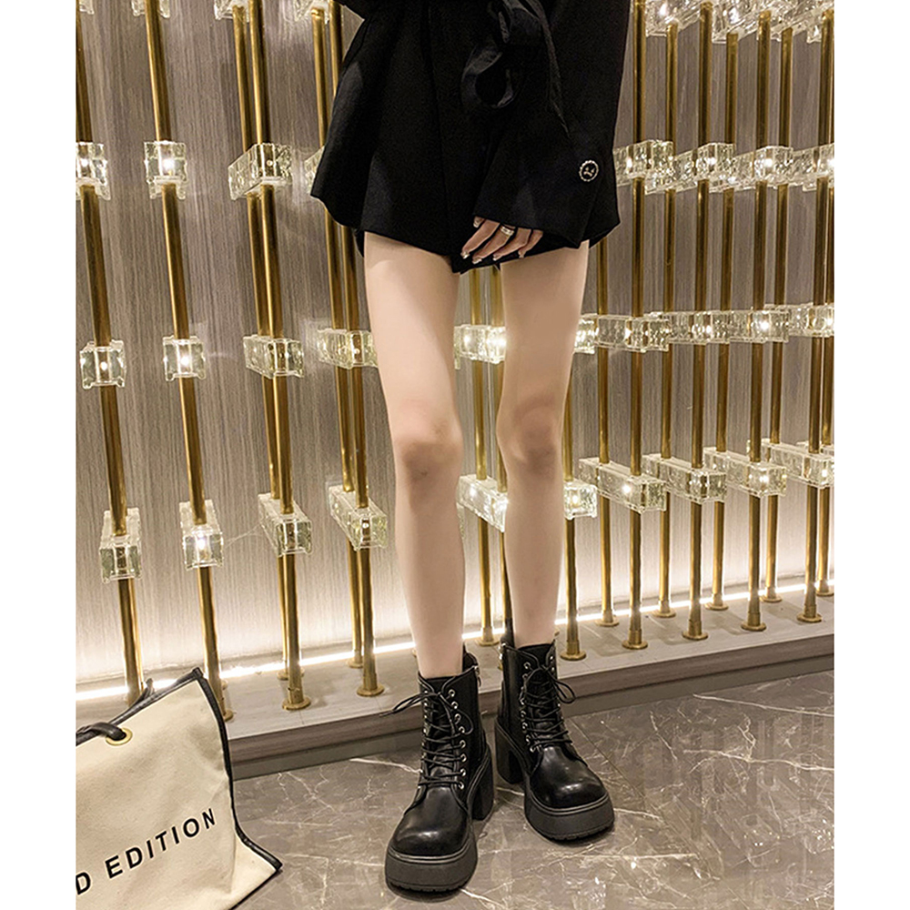 Dewlily レースアップチャンキーショートブーツ レディース 厚底 太