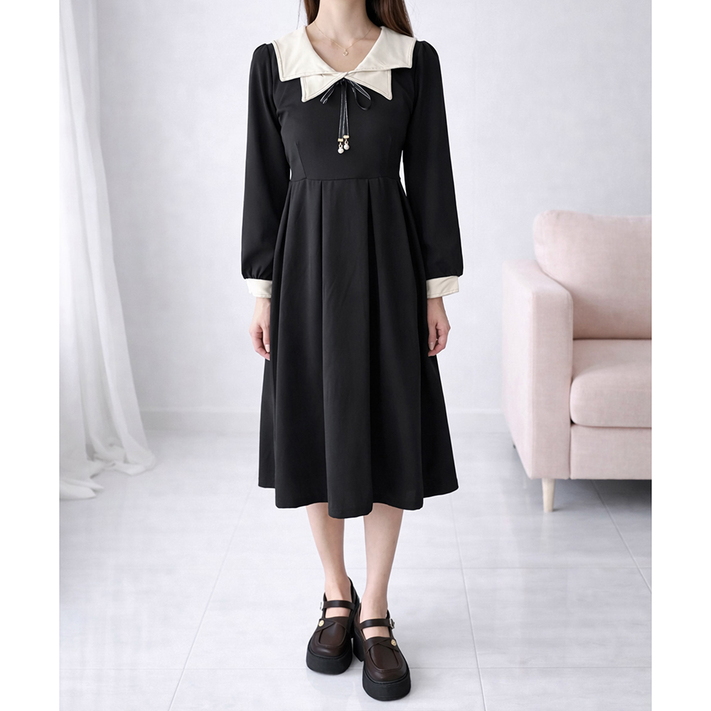 90s DKNY VINTAGE NAVY セーラーカラー ロングワンピース Dewlily 配色セーラーカラーロングワンピース レディース カジュアル