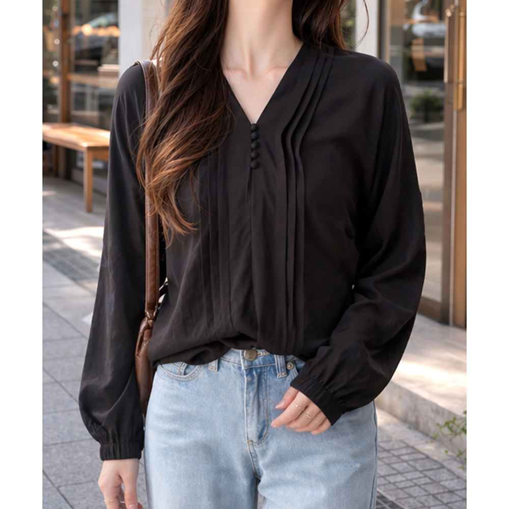 Amulet（アミュレット） くるみボタンブラウス 長袖 ブラウス シャツ V