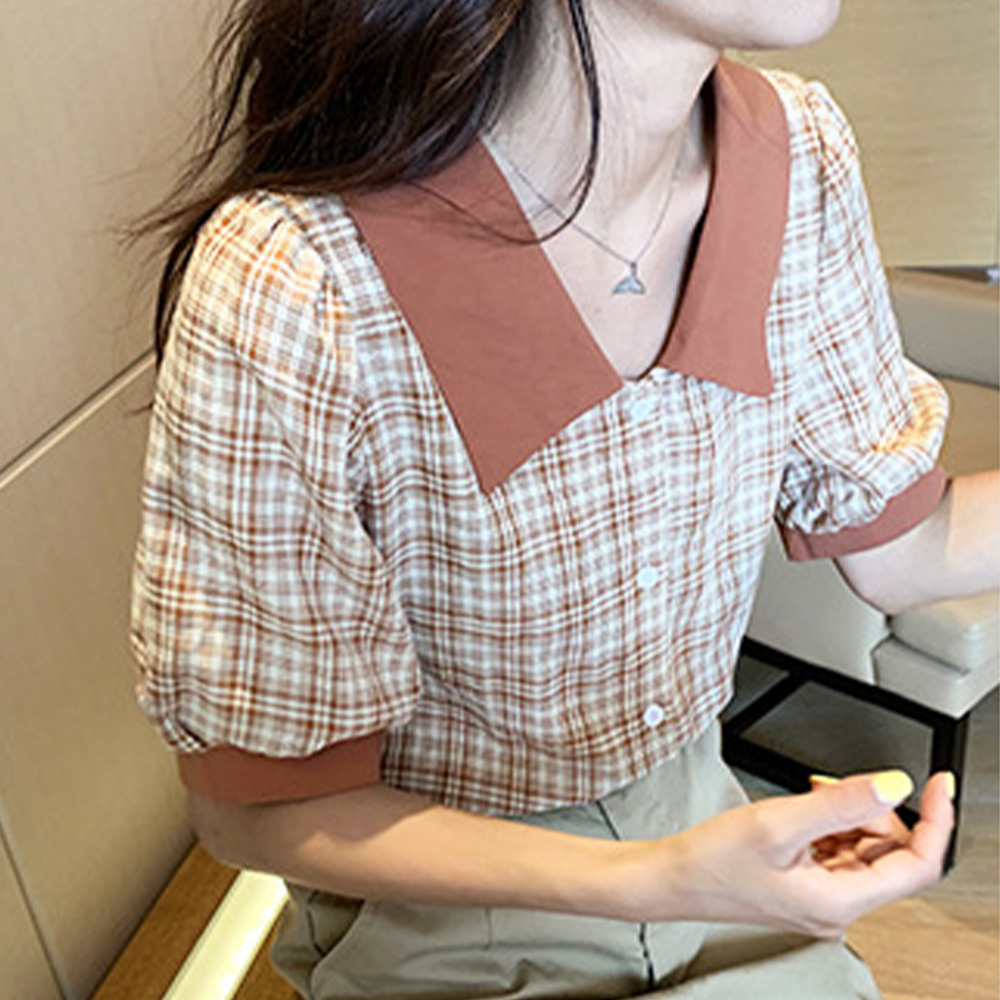 チェック柄パフスリーブ半袖シャツ グレンチェック 柄 シャツ