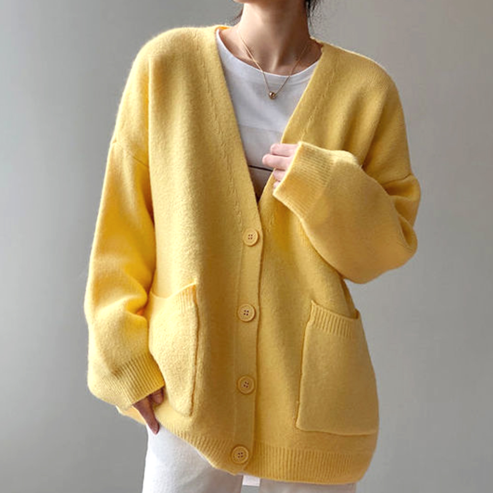 ポケット付きニットカーディガン レディース Vネック 無地 温かい 色