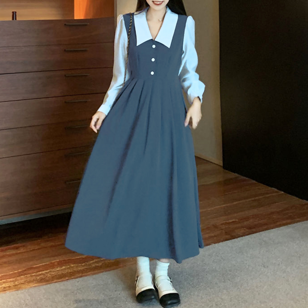 襟付きドッキングワンピース レディース 長袖 ロング丈 秋服 冬服 10代