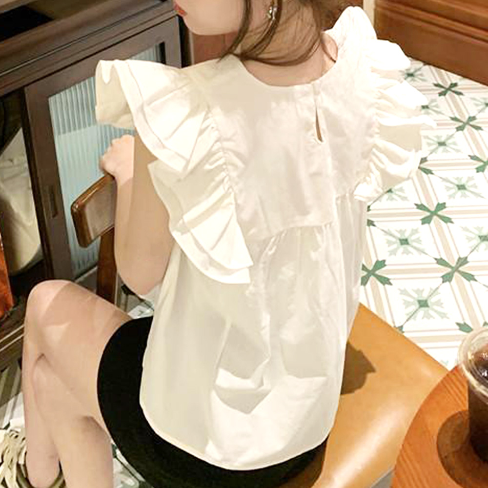 フリルブラウス 春 夏服 秋 韓国ファッション 10代 20代 30代 レディース ノースリーブ 無地 トップス 大人可愛い シンプル 白 デート