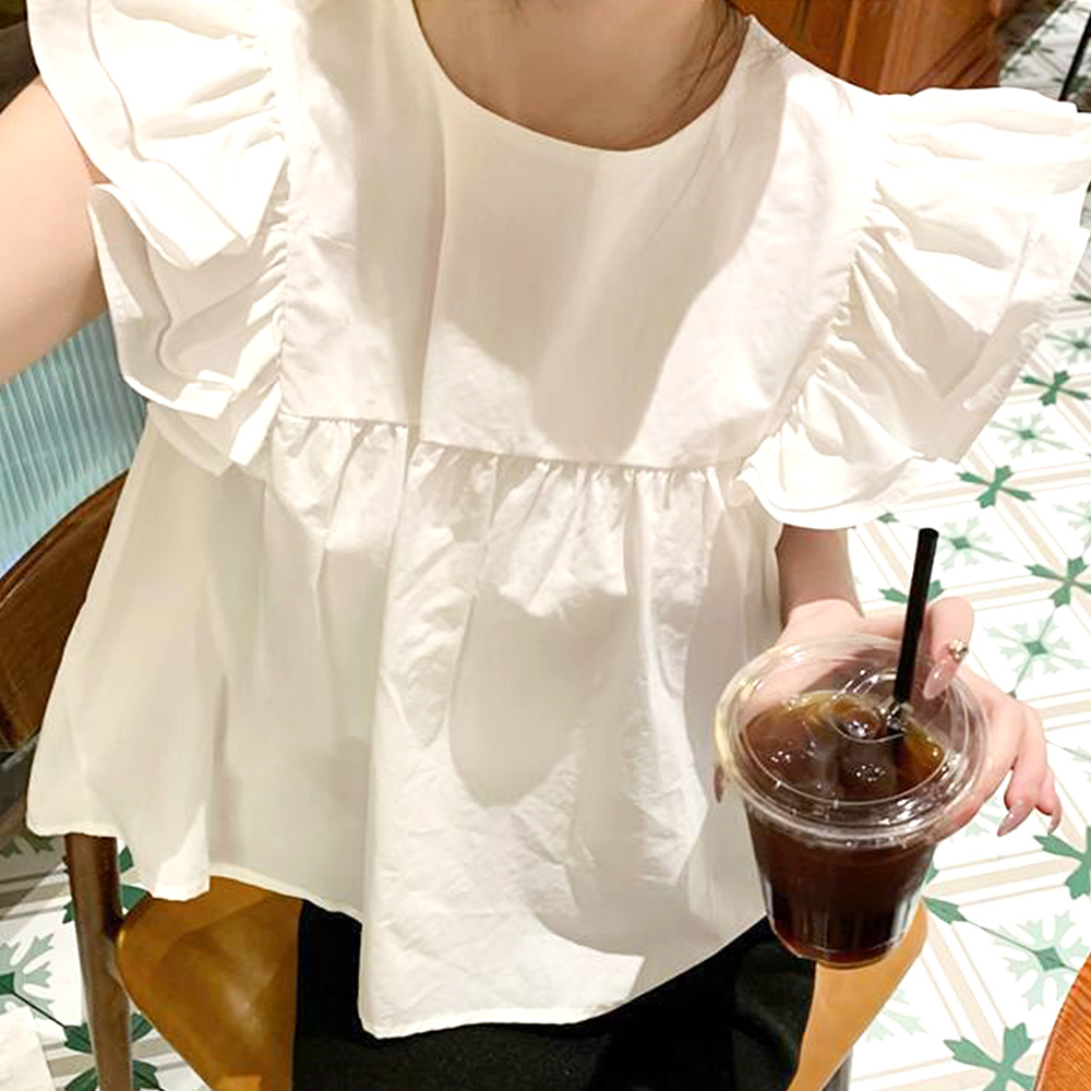 フリルブラウス 春 夏服 秋 韓国ファッション 10代 20代 30代 レディース ノースリーブ 無地 トップス 大人可愛い シンプル 白 デート