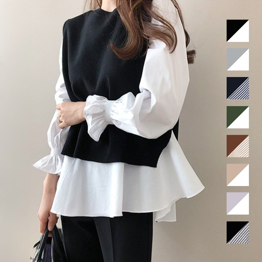 ニットベスト付きブラウス オフィス シンプル シャツ 秋 冬 レディース