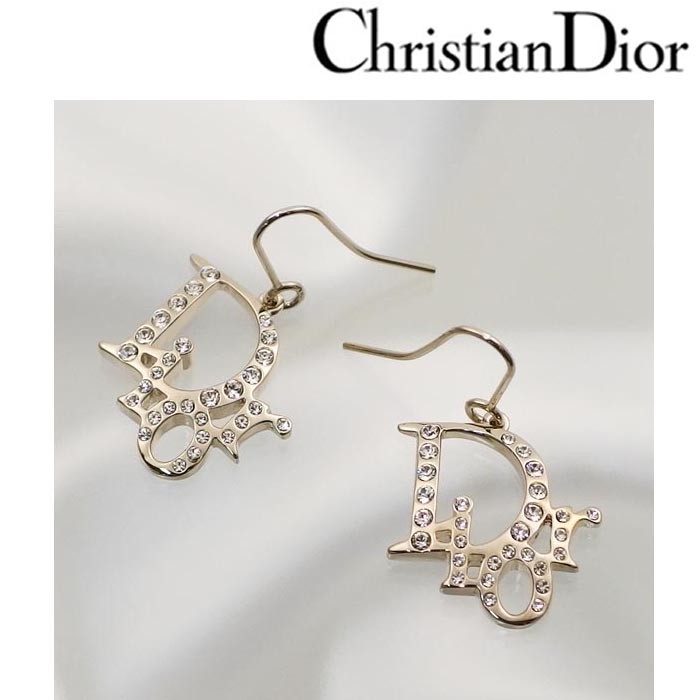 クリスチャン ディオール Christian Dior ピアス レディース Diorロゴ ラインストーン ゴールド E0027D  GO/メンズ/レディース