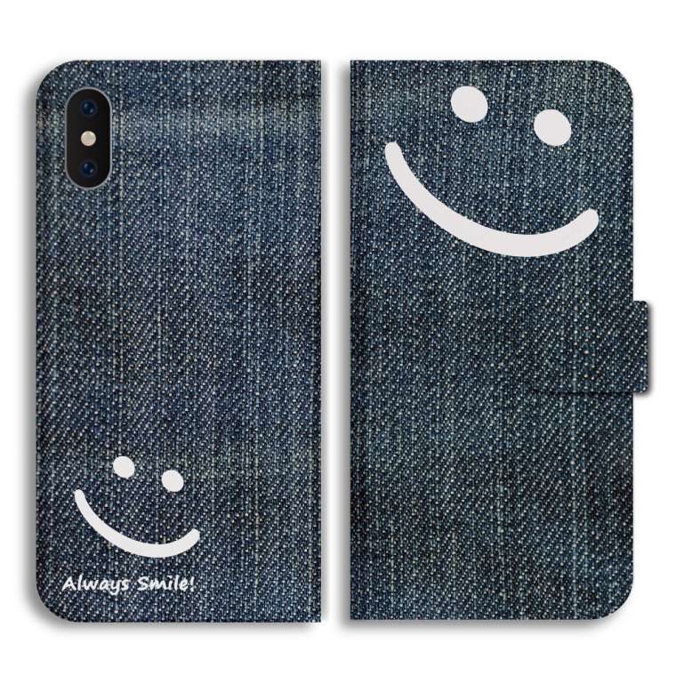 スマホケース 手帳型 全機種対応 デニム プリント ニコちゃん おしゃれ