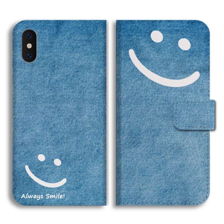 スマホケース 手帳型 全機種対応 デニム プリント ニコちゃん おしゃれ