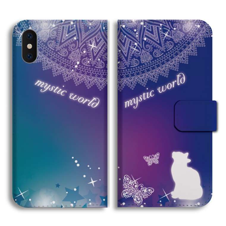 スマホケース 手帳型 全機種対応 猫 ねこ ネコちゃん 満月 オーロラ