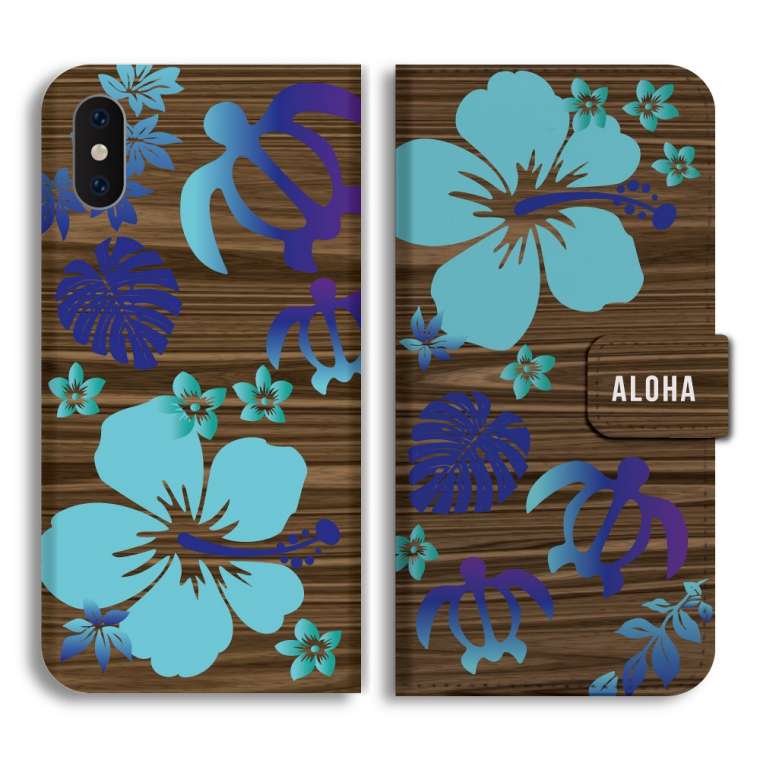 サンレレ 本体＆ケース ブルー　ハイビスカスホヌ柄 スマホケース 手帳型 android 全機種対応 おしゃれ iPhone17 iPhone17e
