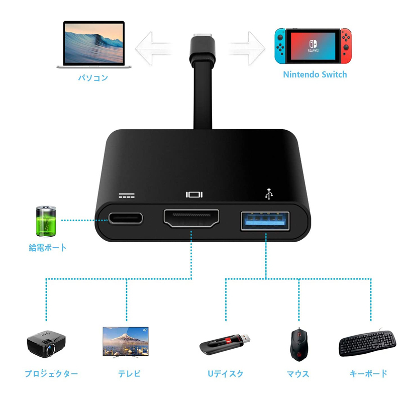 Type C Switch HDMI 出力 3in1 ドック スイッチ to HDMI変換アダプター