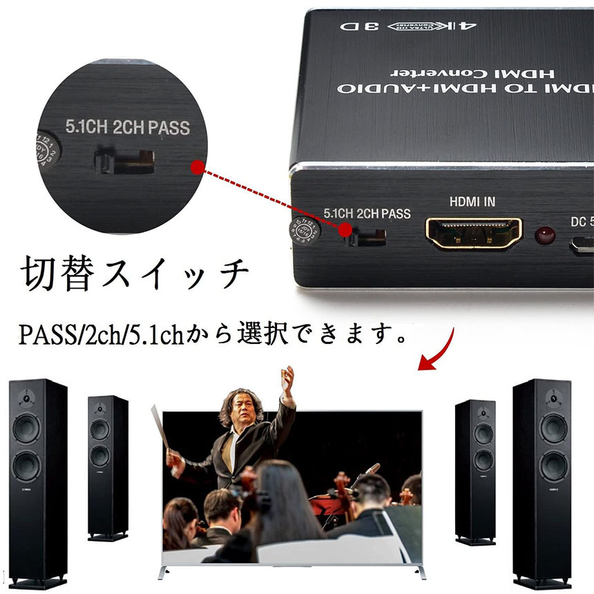 HDMI音声分離 デジタル オーディオ分離器 (HDMI→HDMI + 光デジタル