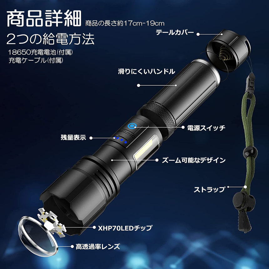 懐中電灯 ledライト XHP70 ハンディライト 4個セット 7モード調光 強力