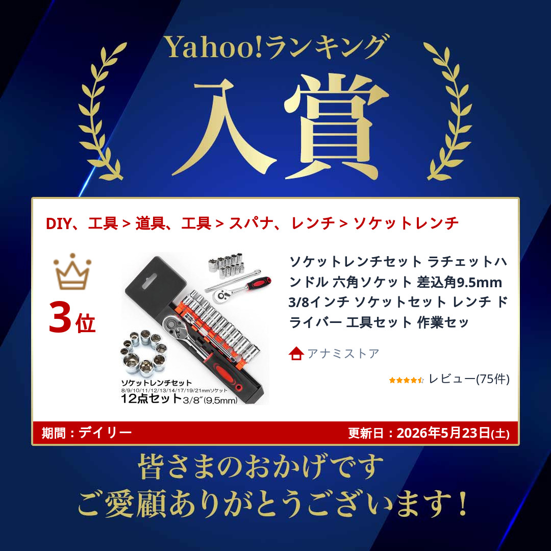 ソケットレンチセット ラチェットハンドル 六角ソケット 差込角9.5mm 3