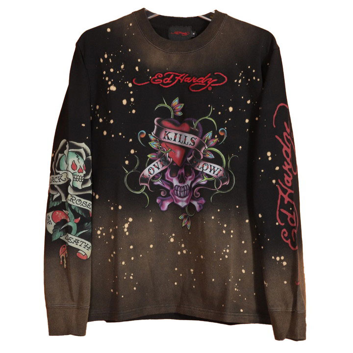 24h限定P最大16倍!10/17pm23:59迄 Ed Hardy エドハーディー RIB付きロンTEE EDH-2402 長袖Tシャツ ブリーチ加工 刺繍 インクジェット