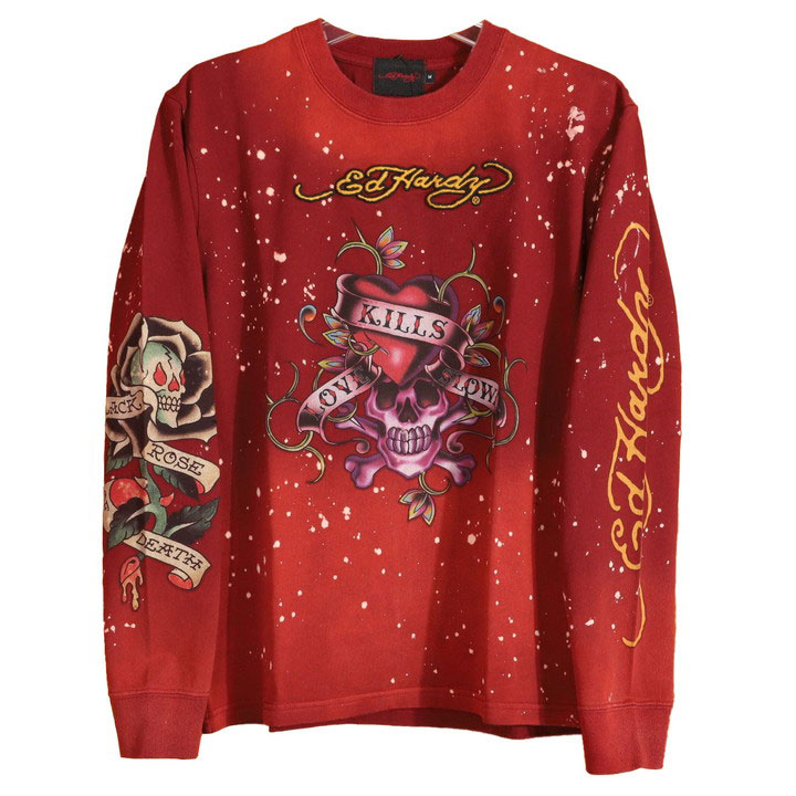 24h限定P最大12倍!11/24pm23:59迄 Ed Hardy エドハーディー RIB付きロンTEE EDH-2402 長袖Tシャツ  ブリーチ加工 刺繍 インクジェット