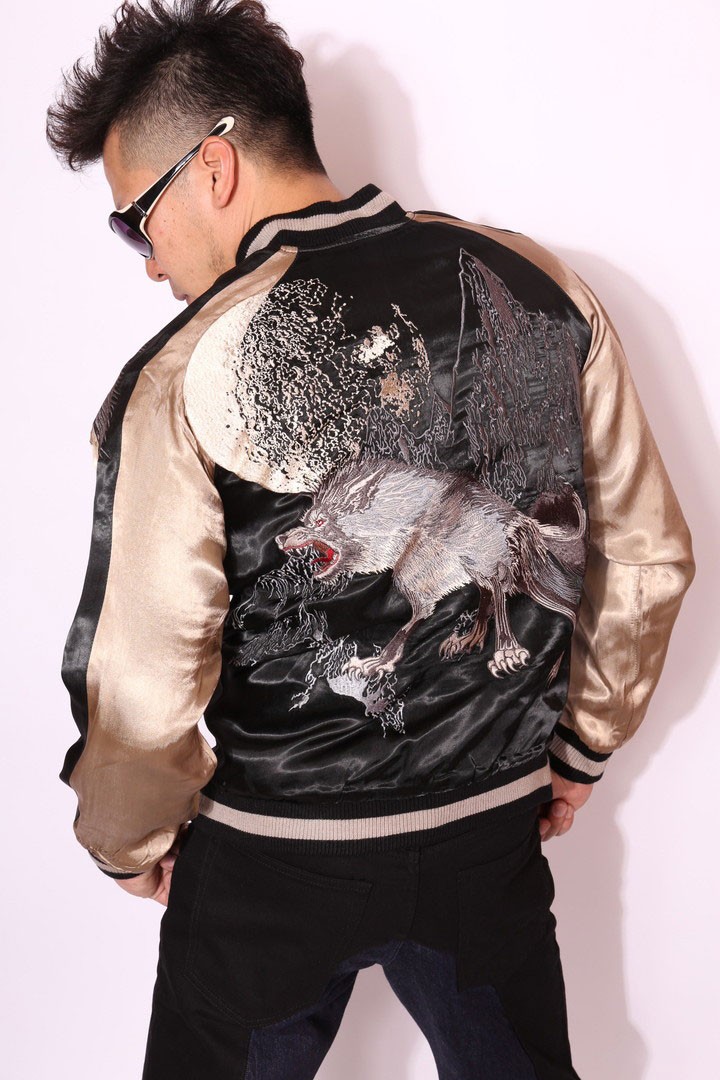 SATORI さとり 月に狼 和柄 刺繍 リバーシブル スカジャン ブラック