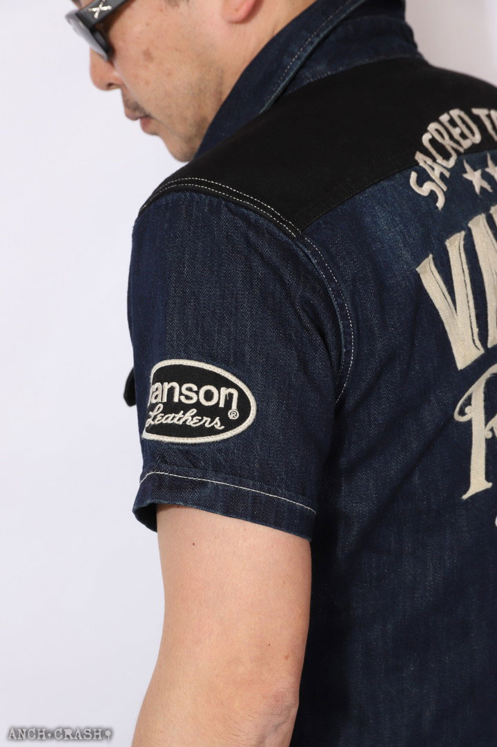 VANSON ボーン　インディゴ　シャツ　バンソン VANSON バンソン ボーン刺繍 半袖デニムシャツ メンズ 新作2025