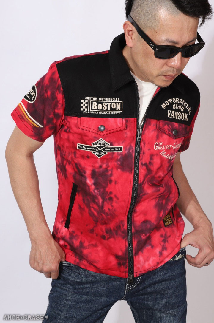 VANSON トリプルスター ツイル ZIP 半袖シャツ NVSS-2403