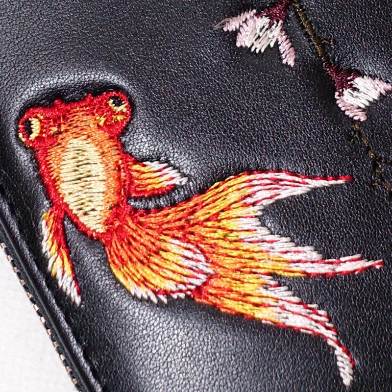 花旅楽団スクリプト 桜と金魚刺繍 和柄 牛革 長財布 SLWL-502 ロング